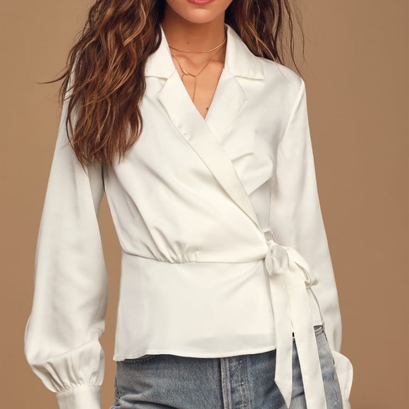 Lulus Boss Mode White Satin Long Sleeve Wrap Top, NWT, Size medium 🌷 - Picture 2 of 13